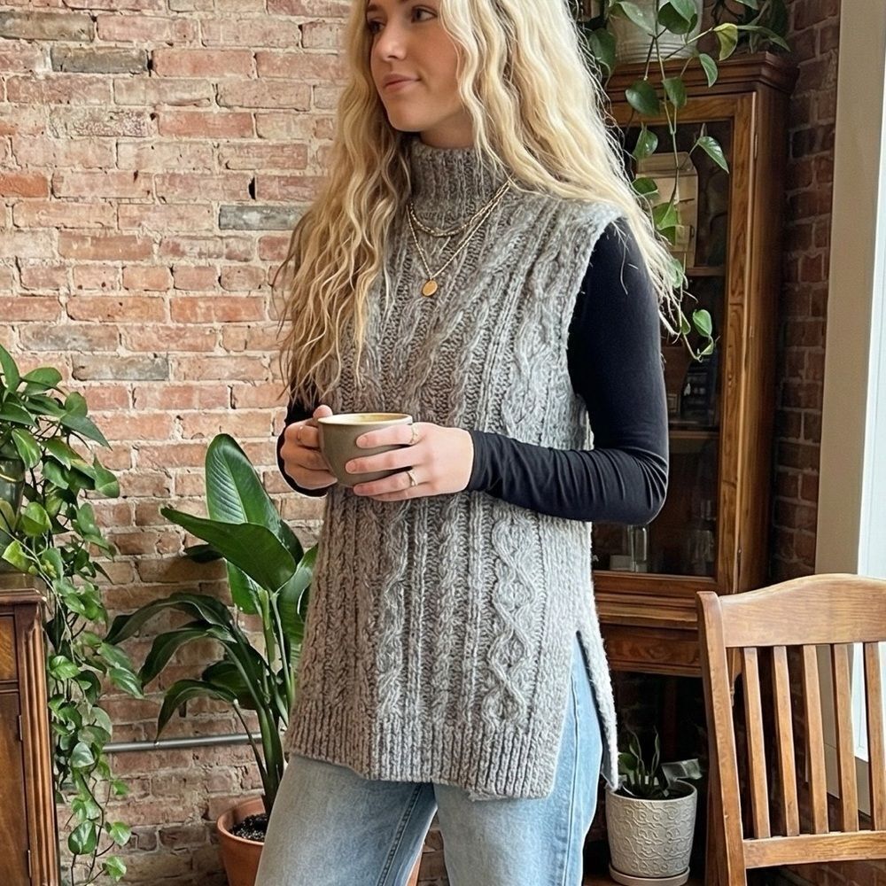 TopShop Cable Knit Chunky Sleeveless Pullover Tunic Sweater L Marled Gray 8 M